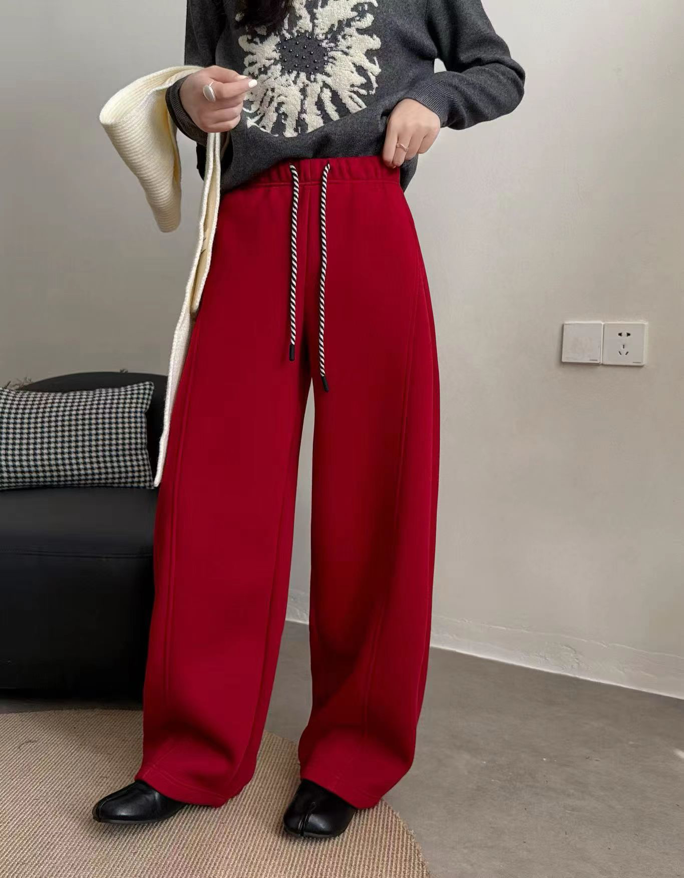 欧货2025冬季新款松紧抽绳高腰显瘦加绒休闲宽松口袋直筒裤8137