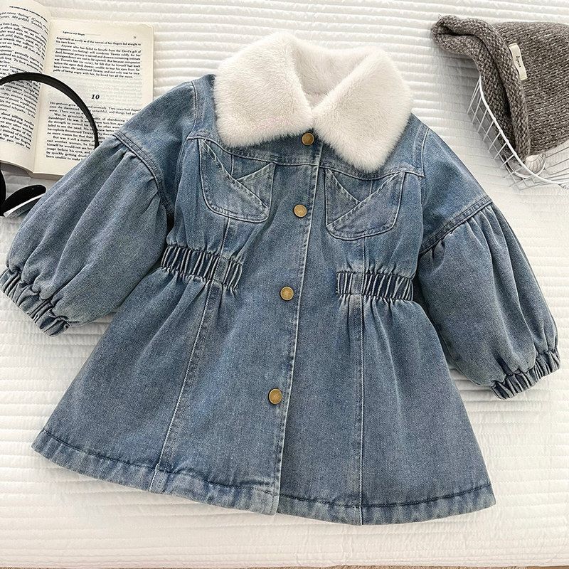 女童中长款加绒保暖牛仔外套冬季新款韩版儿童加厚毛领牛仔衣