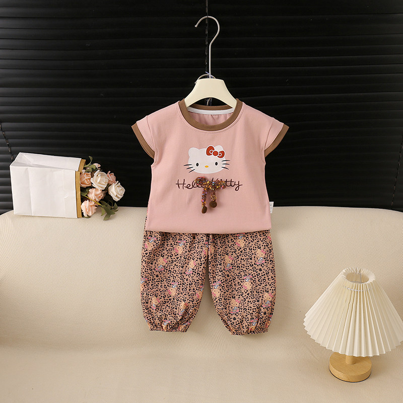 夏季新款可爱风女童萌猫豹纹短袖套装外出服