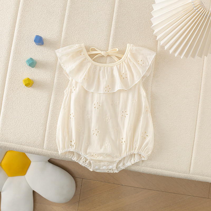 夏季婴儿无袖花边系带蕾丝露背包屁衣三角爬女宝短爬