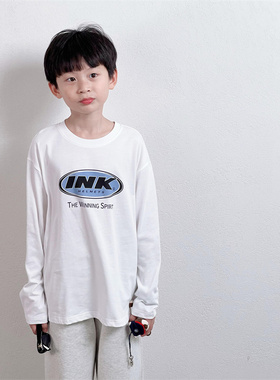童妈定制男女儿童韩版宽松纯棉白色ink字母百搭简约长袖T恤春秋装