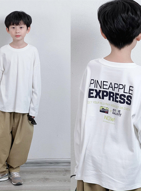 童妈定制男女儿童白色韩版宽松双面棉后幅蓝绿港风长袖T恤春秋装