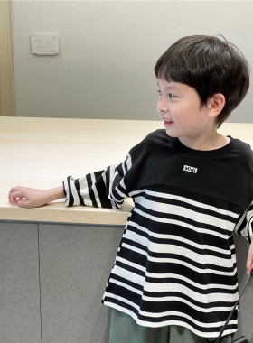 童妈定制男女童纯棉韩版宽松mini长袖条纹T恤圆领打底上衣春秋装