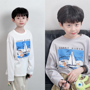 童妈定制男女儿童韩版宽松纯棉软白灰色海洋日出百搭长袖T恤秋装