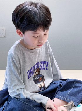 童童妈定制韩版男童软糯人棉螺纹卡通沙皮狗灰色T恤圆领长袖t打底