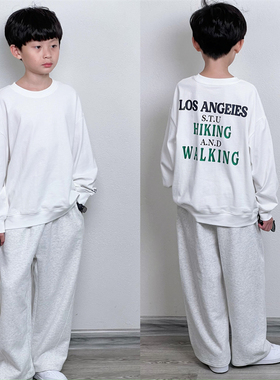 童妈定制男童白色韩版宽松纯棉后幅绿色字母卫衣版型长袖T恤秋装