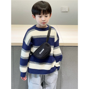 童妈定制男女童韩版宽松蓝灰白条纹套头毛衣保暖休闲针织衫秋冬装