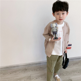 宝宝上衣秋装 儿童软糯纯色针织衫 宽松口袋开衫 童妈定制男女童韩版