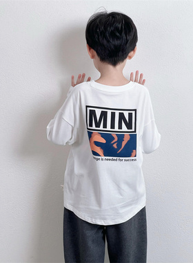 童童妈定制男女童韩版宽松棉软白色前mini后大幅印花长袖T恤秋装