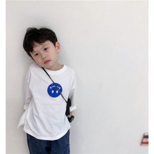 童童妈定制男童韩版纯棉宽松蓝色笑脸T恤儿童长袖宝宝潮T恤春秋装