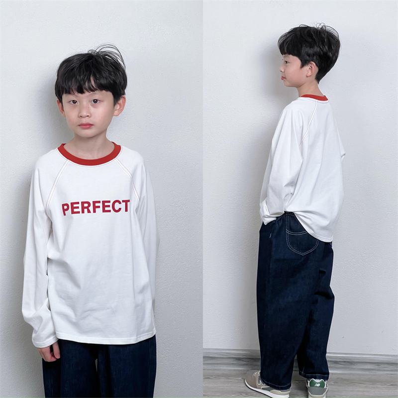 童童妈定制男女童韩版宽松纯棉白色撞色红色领pe复古长袖T恤秋装