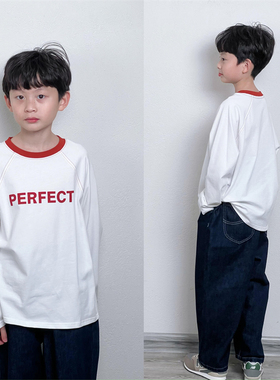 童童妈定制男女童韩版宽松纯棉白色撞色红色领pe复古长袖T恤秋装