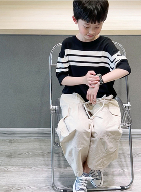 童童妈定制男童韩版宽松黑色条纹薄冰丝针织短袖儿童圆领上衣夏装