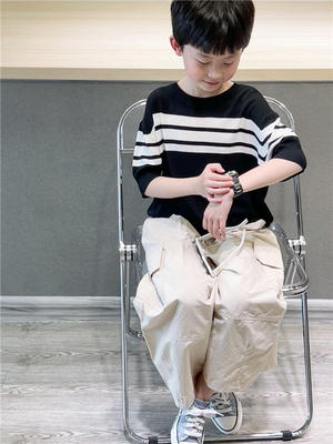 童童妈定制黑色条纹冰丝针织短袖