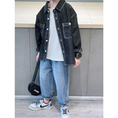 黑色明线牛仔衬衣春秋装 童妈定制男女童韩版 宽松纯棉水洗牛仔衬衫