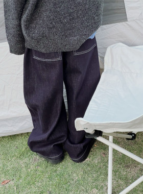 童妈定制中大男儿童深蓝时髦软加厚弯刀宽松牛仔一体加绒长裤冬装