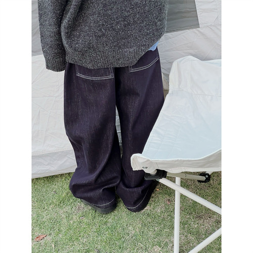 童妈定制中大男儿童深蓝时髦软加厚弯刀宽松牛仔一体加绒长裤冬装