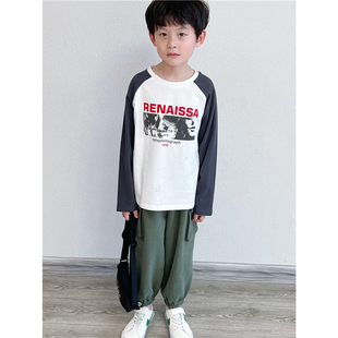 童童妈定制男童韩版宽松纯棉灰白复古插肩T恤圆领时髦长袖春秋装