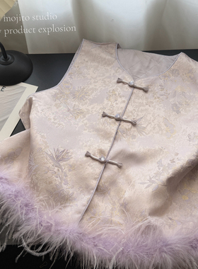 静茹新中式提花拼接毛毛马甲11721