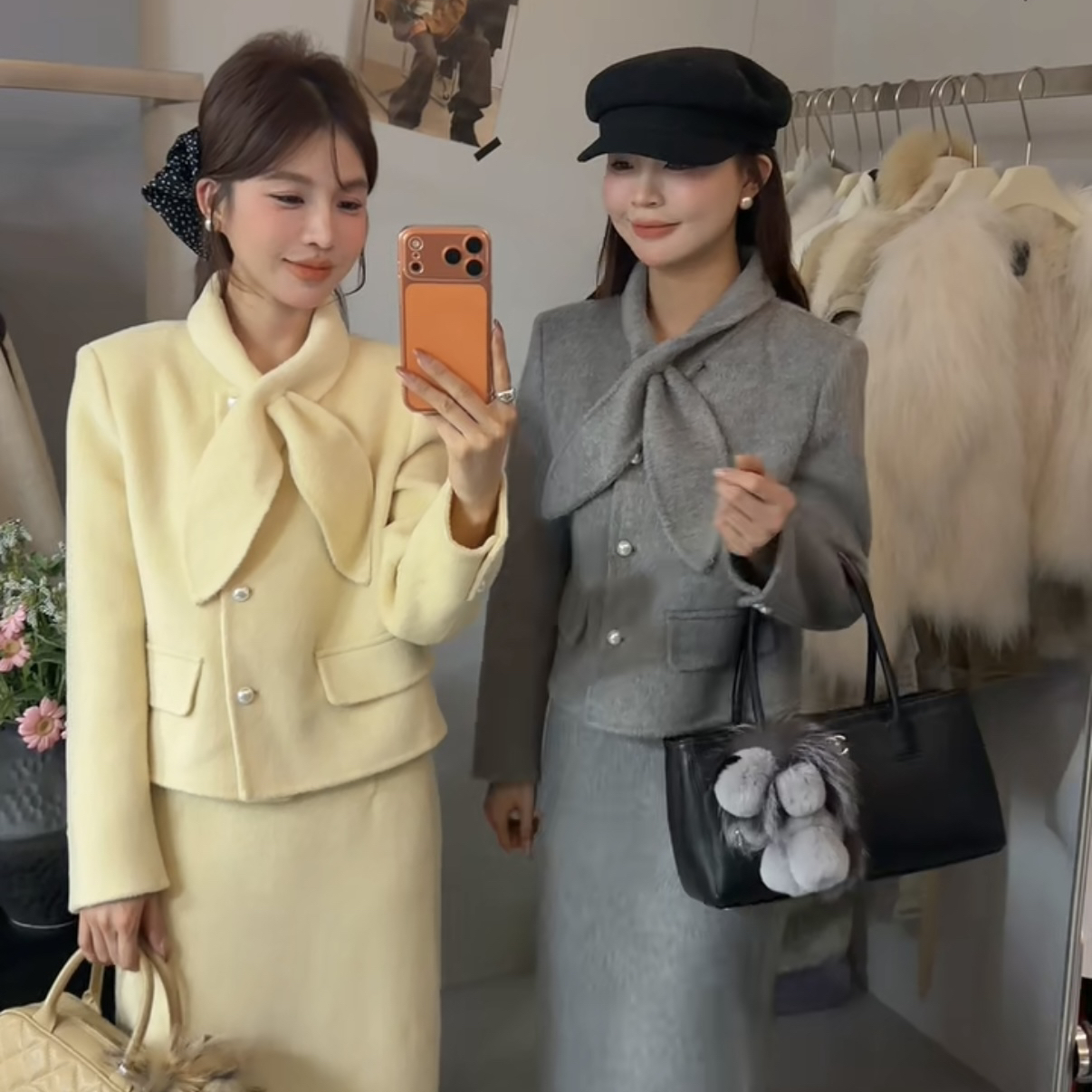 静茹兔耳朵领双面羊毛外套+半身裙两件套套装（含100羊毛）7