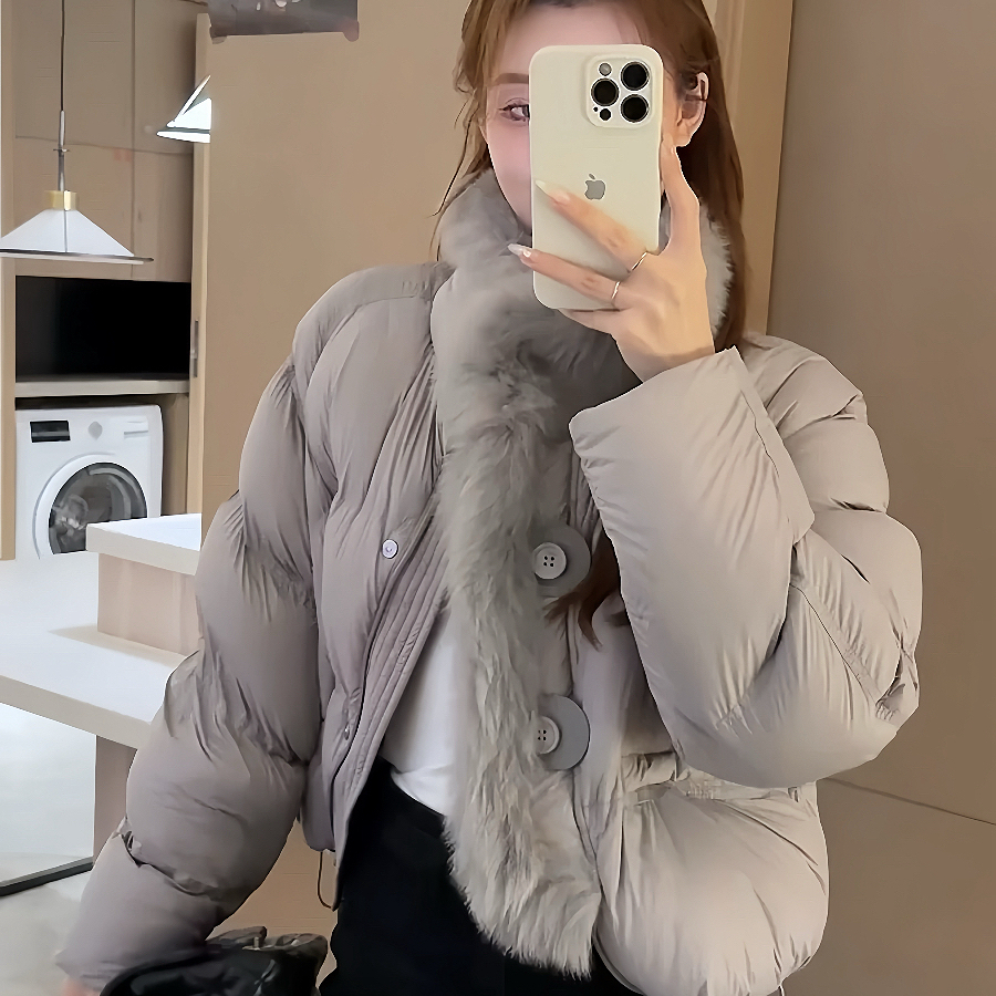 静茹子短款羽绒外套加厚拼接兔毛毛领保暖羽绒服外套Z768