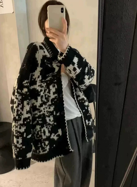 静茹设计袭·大牌即视感韩系休闲宽松复古提花开衫针织开衫A1793