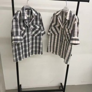 韩国东大门韩代款时尚翻领格子休闲百搭衬衫