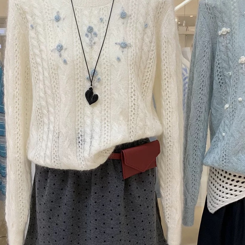 静茹手工刺绣花朵毛衣马海毛圆领氛围感毛衣(含3.6羊毛)53-6131,女装/女士精品,毛针织衫,淘宝优惠券,粉丝福利购,淘宝优惠卷