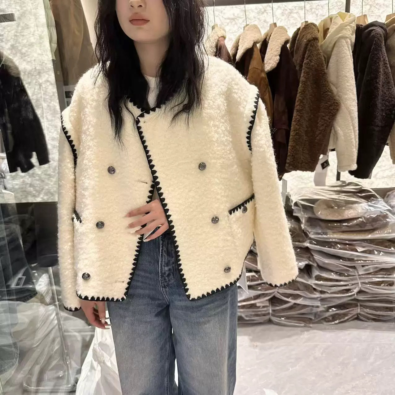 静茹色百搭小香风羊羔毛羽绒服内胆外套保暖羽绒服外套jm8533