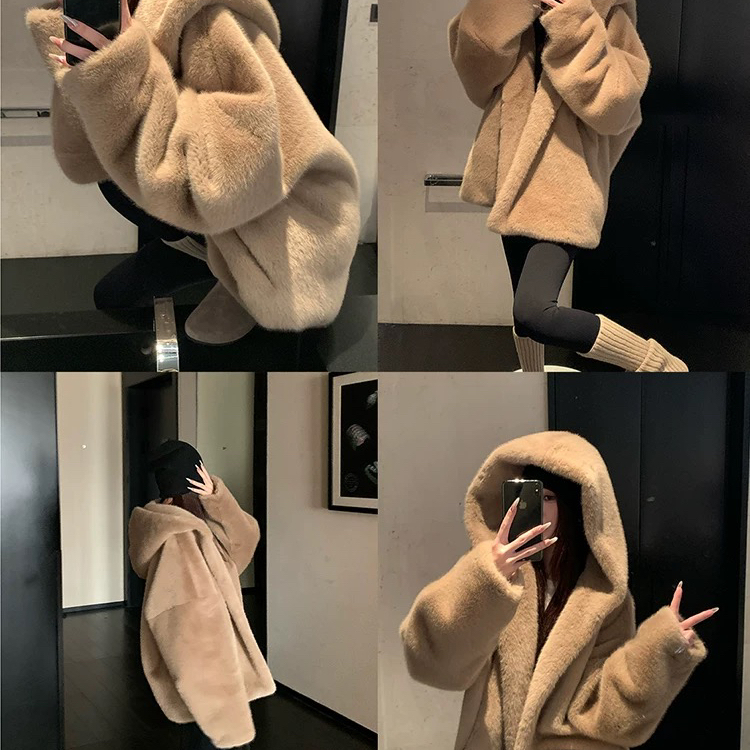 静茹巨保暖奶油瑞士卷色系连帽环保毛外套大衣31898