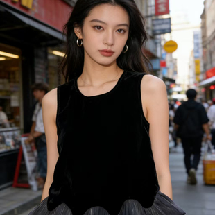 静茹新轻奢赫本风丝绒短款 单件背心 7636 背心氛围感背心