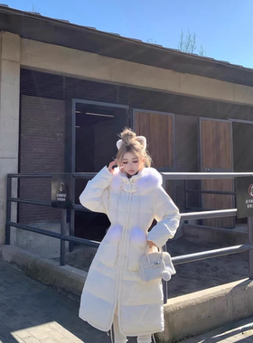 静茹款过膝抽绳收腰加厚保暖羽绒服外套(配可拆卸狐狸毛领)d1429