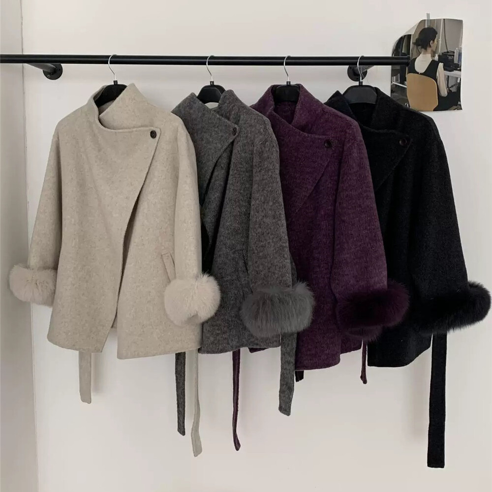 静茹配腰带可拆卸袖口狐狸毛)（含70.2羊毛）YS2-