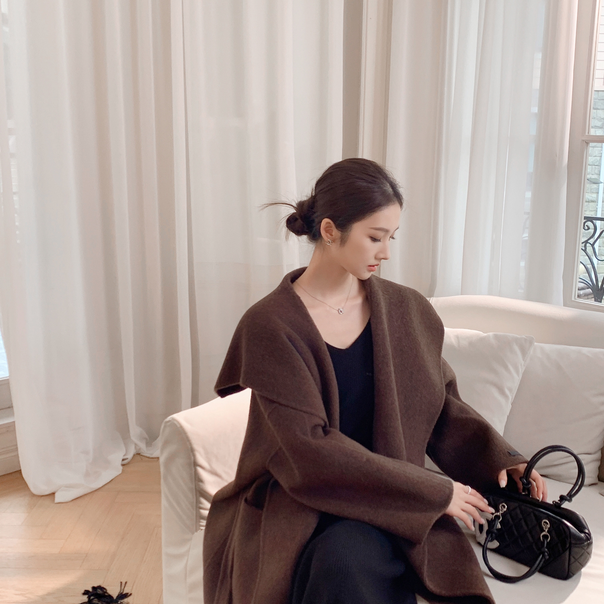 静茹计感海军领宽松百搭羊毛外套(配腰绳)（含100羊毛）H100