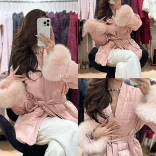 129 静茹中长新中式 毛 配腰带可拆真水貂毛袖 036 保暖羽绒服外套