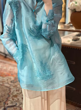 静茹次丰富双层真丝欧根纱立领设计精致轻奢长袖上衣小衫A77381B