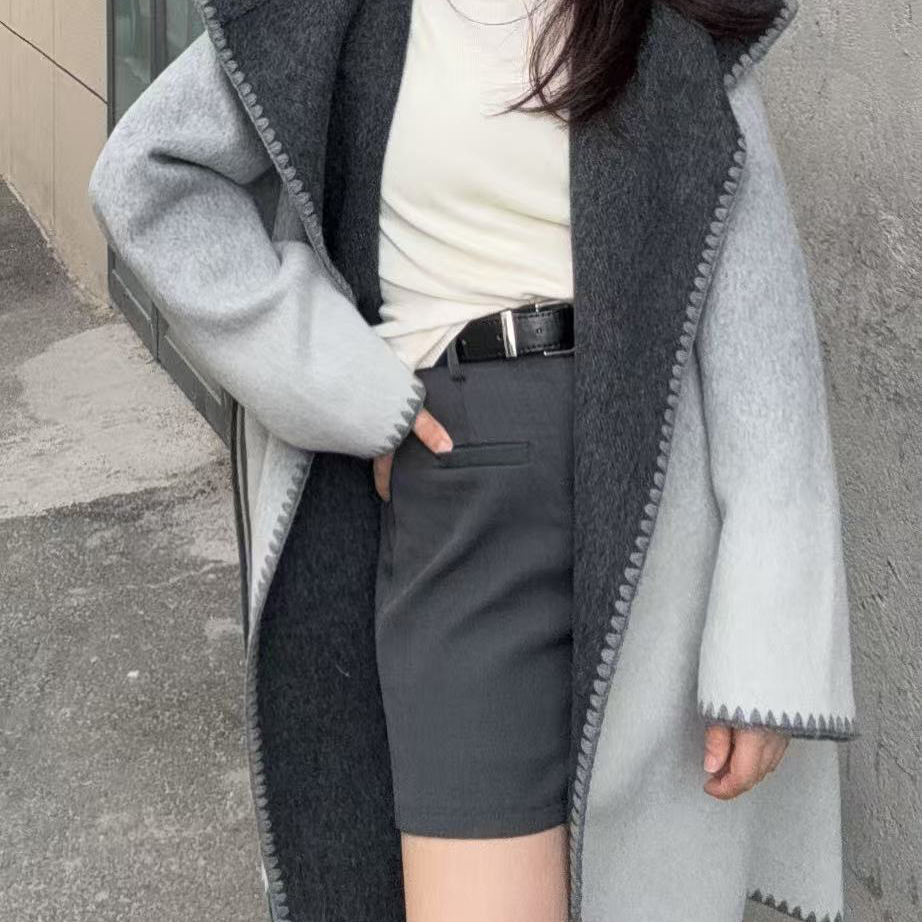 静茹款韩版小个子灰色羊毛外套(配腰带)（含100澳毛）ZH