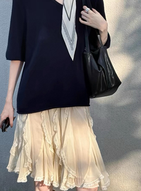 静茹年夏上新不规则荷叶蕾丝花边松紧高腰仙女半裙半身裙YS2-A54