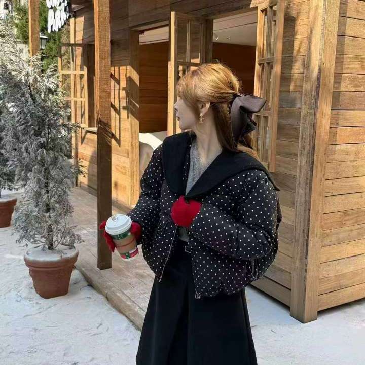 静茹外套加厚毛呢海军领拼接保暖羽绒服外套C533