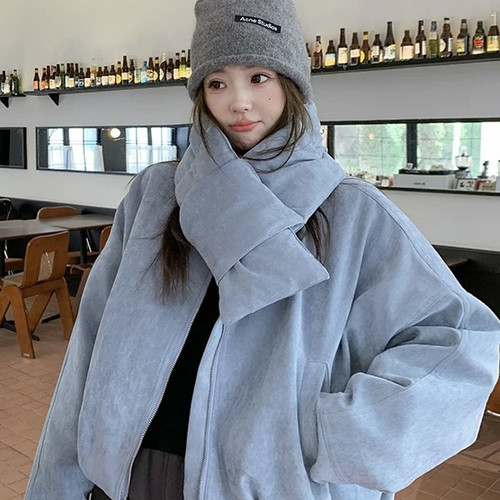 静茹冬上新圆领宽松百搭时尚夹棉短外套(配围巾)58095