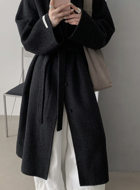 FO静茹-简约高级感立领宽松长款羊毛外套(配腰带)（含100羊毛）00