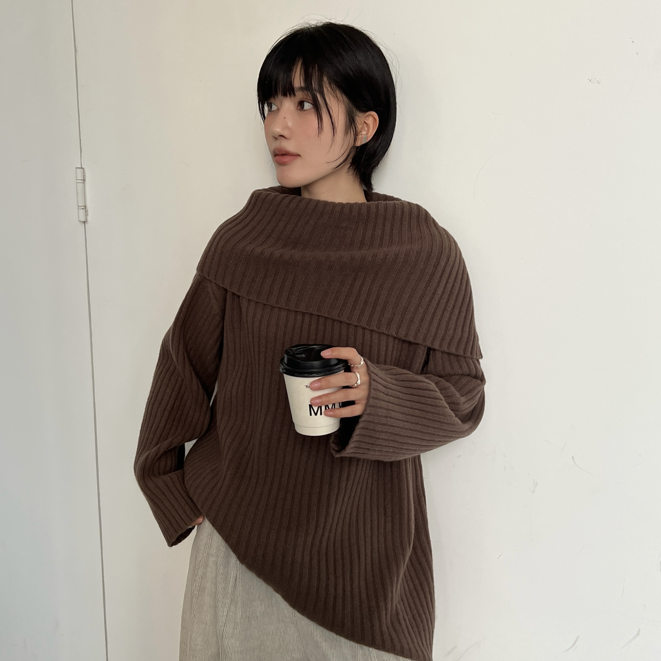 静茹慵懒套头螺纹坑条中长款针织衫保暖毛衣含100羊毛54M6106