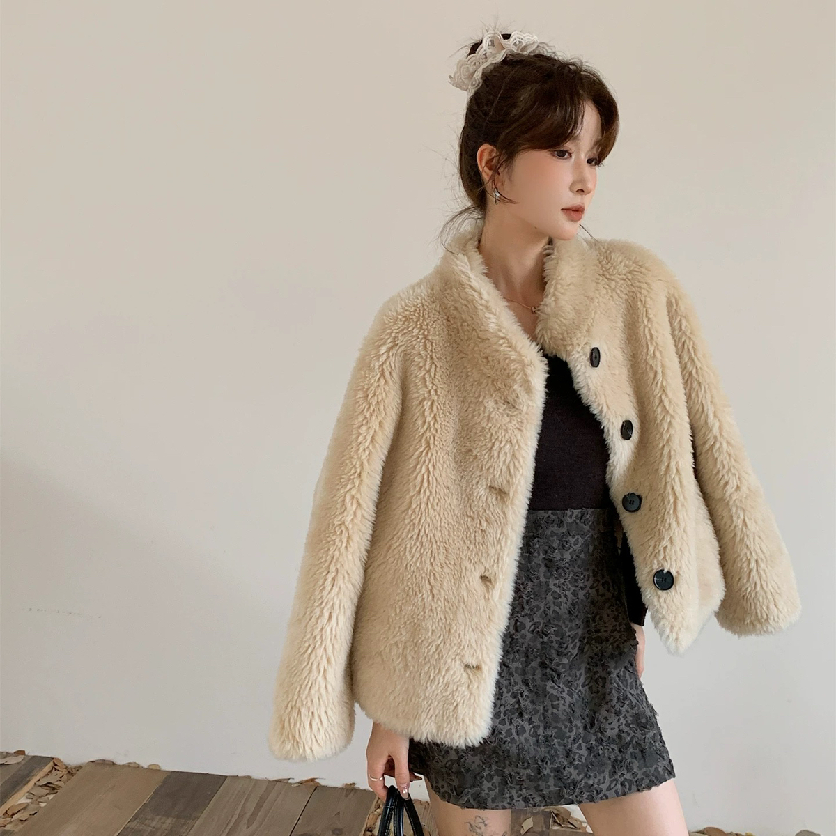 静茹立领真芭莎羊毛加厚外套皮毛一体羊毛外套（含100羊毛）1121