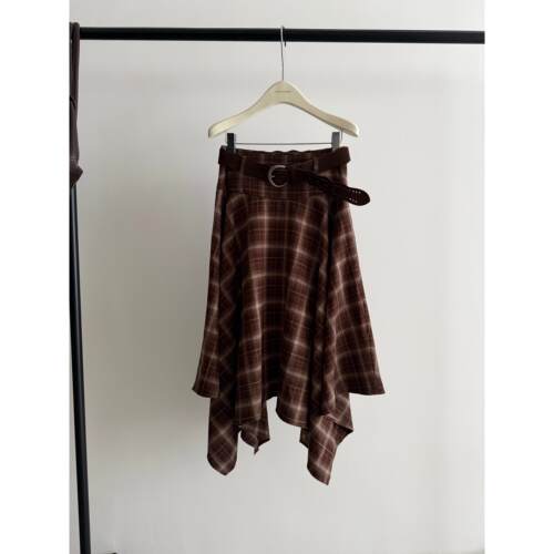 秋上新设计感中长款美式复古咖色格纹高腰不规则下摆半身裙(K8003
