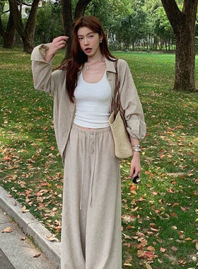 静茹春夏上新4色松弛感老钱风度假衬衫+阔腿裤套装J818