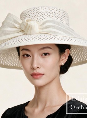 零点兰花春夏法式宽檐蝴蝶结镂空赫本帽女度假透气显脸小遮阳帽子
