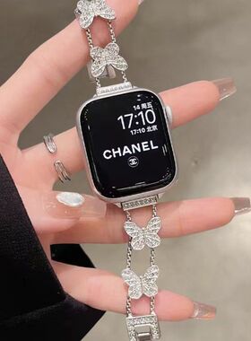 适用苹果手表表带s10夏日S9精致applewatch87654金属蝴蝶链高级感