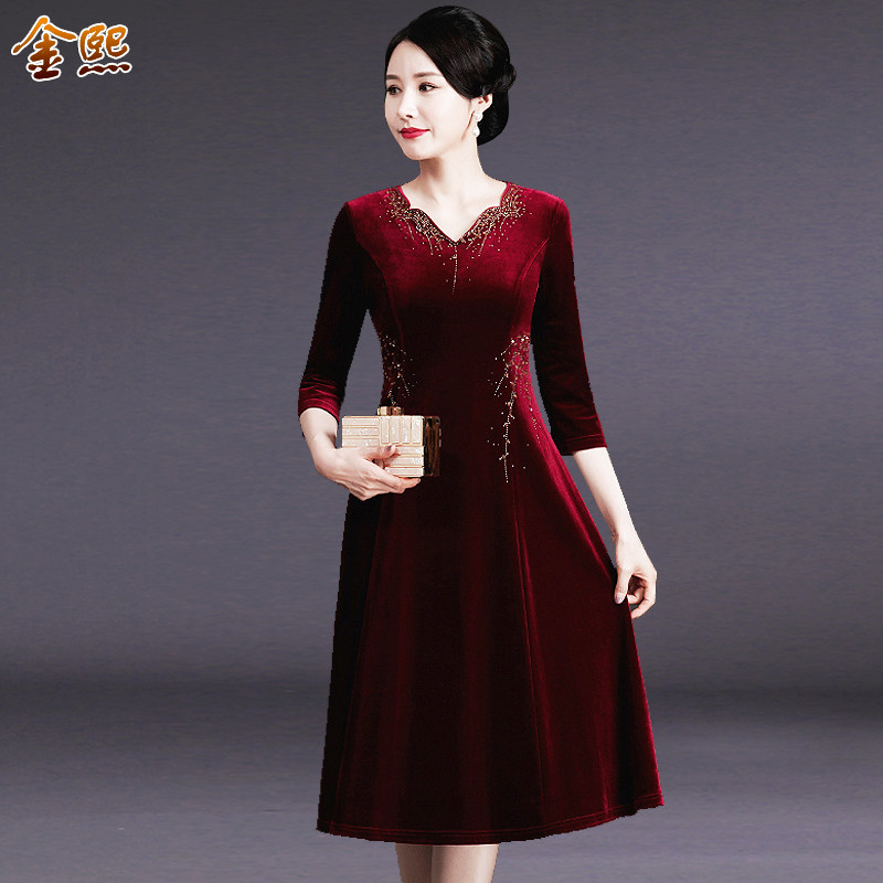 钉珠金丝绒时尚连衣裙中年女装