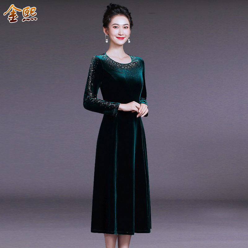 时尚连衣裙金丝绒镶钻中长款显瘦