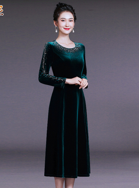 时尚镶钻中年女装连衣裙春秋季显瘦中长款大码气质妈妈装金丝绒裙